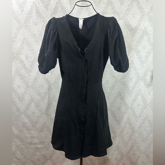 H&M black vneck puff sleeve button up mini dress size S - Picture 1 of 7